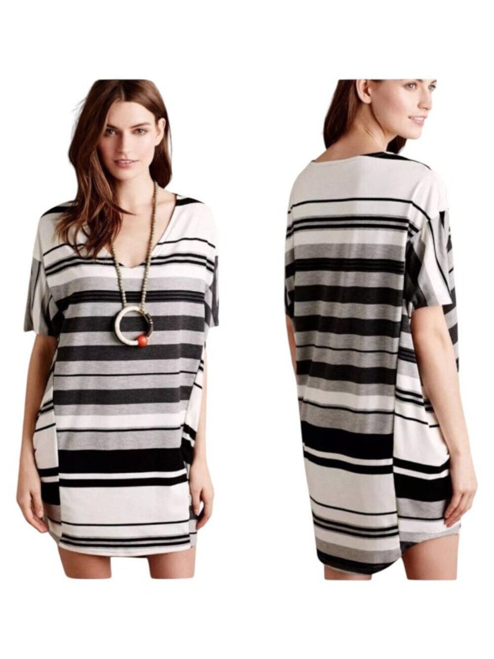 Puella Anthropologie Dress Women Small Gray Ivory Black Knit Striped Tunic‎ Mini